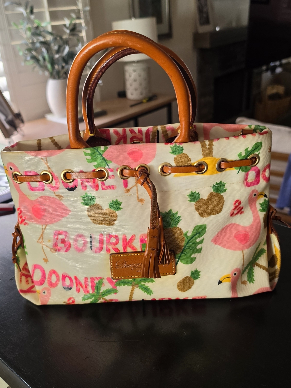 Dooney & Bourke Vintage Rare  Cream Tropical Flamingo Tote 12x7.5
